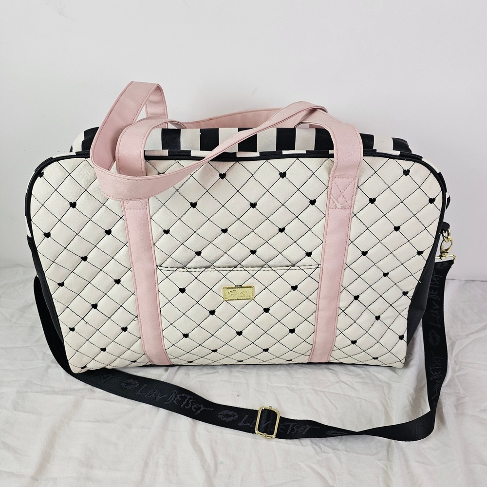Luv Betsey by Betsey Johnson Quilted Heart Striped Weekender Duffel Bag Pink